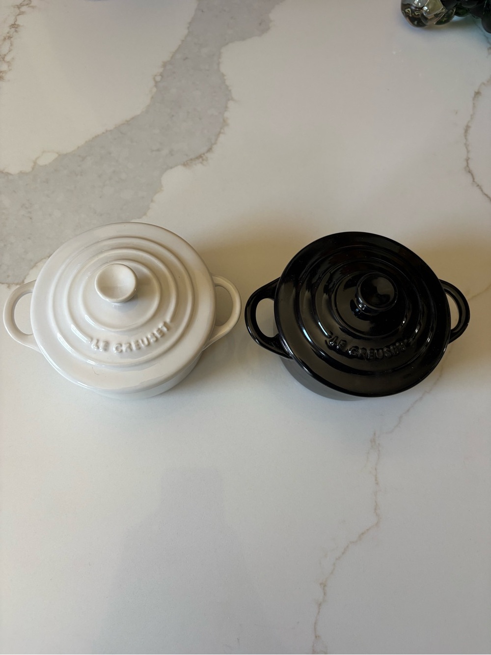 Le Creuset Ceramic Mini Cocotte Pair in White and Black EUC